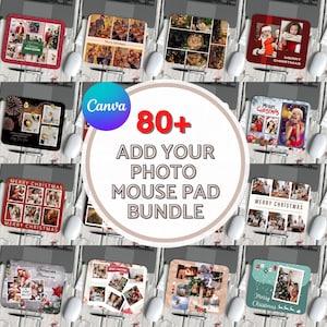 以下が含まれることがあります： クリスマスをテーマにしたマウスパッドのコレクション。各パッドには写真のコラージュとお祝いのデザインが施されています。パッドは長方形で、ラップトップのキーボード上に置かれ、近くには白いコンピューターマウスがあります。「Merry Christmas」と「Add Your Photo Mouse Pad Bundle」の文字が見えます。