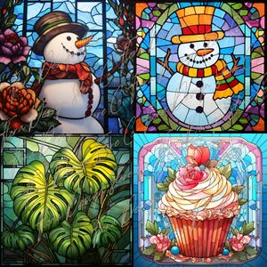 May include: A stained glass collage featuring four different images: a snowman with a red scarf and black beads, a snowman with a yellow scarf, a green leafy plant, and a colorful cupcake with pink frosting and a red cherry.