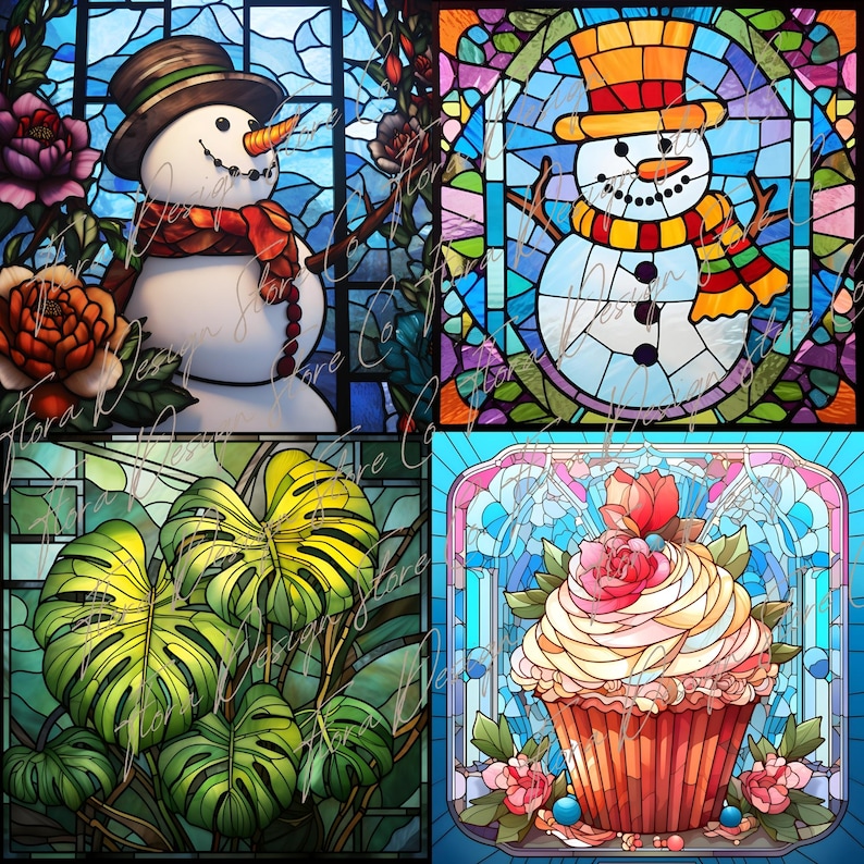 May include: A stained glass collage featuring four different images: a snowman with a red scarf and black beads, a snowman with a yellow scarf, a green leafy plant, and a colorful cupcake with pink frosting and a red cherry.