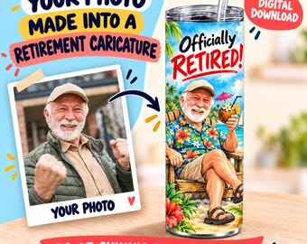 Custom Retirement Caricature Tumbler Wrap, Personalized Photo 20oz Skinny Tumbler PNG, Funny Retired Man Gift, Digital Download
