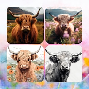 May include: A collage of four images featuring Highland cows. The top left image shows a brown cow in a field. The top right image shows a brown cow in a field of purple flowers. The bottom left image shows a light brown cow in a field of orange flowers. The bottom right image shows a black and white cow.