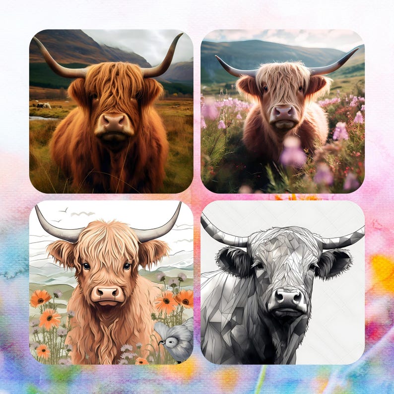 May include: A collage of four images featuring Highland cows. The top left image shows a brown cow in a field. The top right image shows a brown cow in a field of purple flowers. The bottom left image shows a light brown cow in a field of orange flowers. The bottom right image shows a black and white cow.