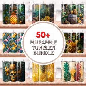 May include: A set of 50+ pineapple themed tumbler designs. The designs feature a variety of pineapples, including tropical leaves, flowers, and skulls. The tumblers are perfect for adding a touch of tropical flair to your everyday life.