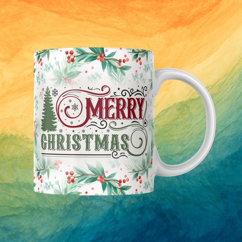 May include: White ceramic mug with a festive "Merry Christmas" design. The mug features a green Christmas tree, red berries, and green leaves. The words "Merry Christmas" are in red and green script.