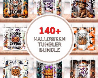 May include: A collection of Halloween-themed tumblers with various designs. The tumblers feature images of pumpkins, skulls, ghosts, and the text "Spooky Season" and "Trick or Treat". The image also includes the text "140+ Halloween Tumbler Bundle".