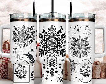 Vaso de 40 oz con diseño de flores bohemias, grabado láser en formato SVG, grabado láser en formato SVG, diseño de girasol para vaso, SVG para grabado láser rotativo.