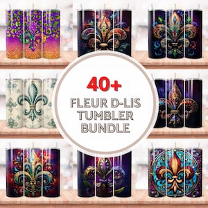 Pacote com mais de 40 embalagens de copos Fleur de Lis, design de copo fino de 20 oz, sublimação para download digital, embalagem de copos Mardi Gras, download instantâneo