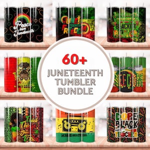 May include: A set of 60+ colorful tumblers with various designs celebrating Juneteenth. The designs feature African American culture, music, and history. The tumblers are perfect for celebrating Juneteenth or any occasion.