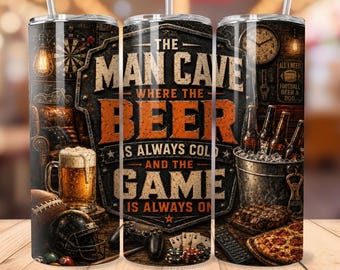 Man Cave Beer Tumbler, Football Game Day 20oz Skinny Tumbler, Beer Lover Gift for Him, Funny Man Cave Tumbler, Sports Dad Gift