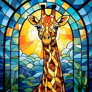 May include: A stained glass window design featuring a giraffe with a yellow, orange, and brown pattern. The giraffe is set against a background of blue, green, and yellow stained glass, resembling a sunset and clouds.