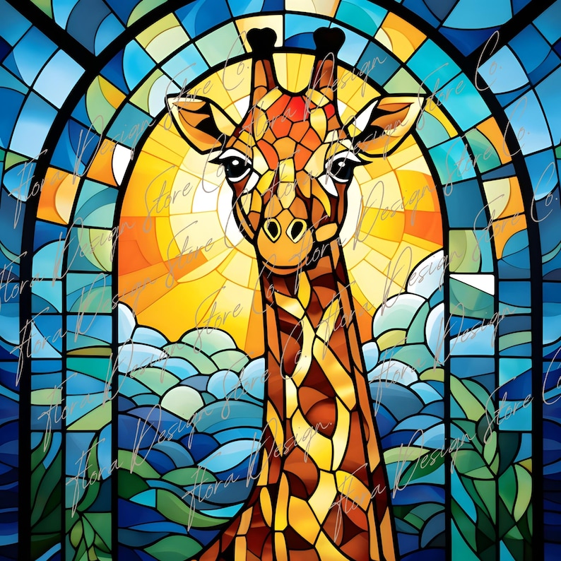 May include: A stained glass window design featuring a giraffe with a yellow, orange, and brown pattern. The giraffe is set against a background of blue, green, and yellow stained glass, resembling a sunset and clouds.