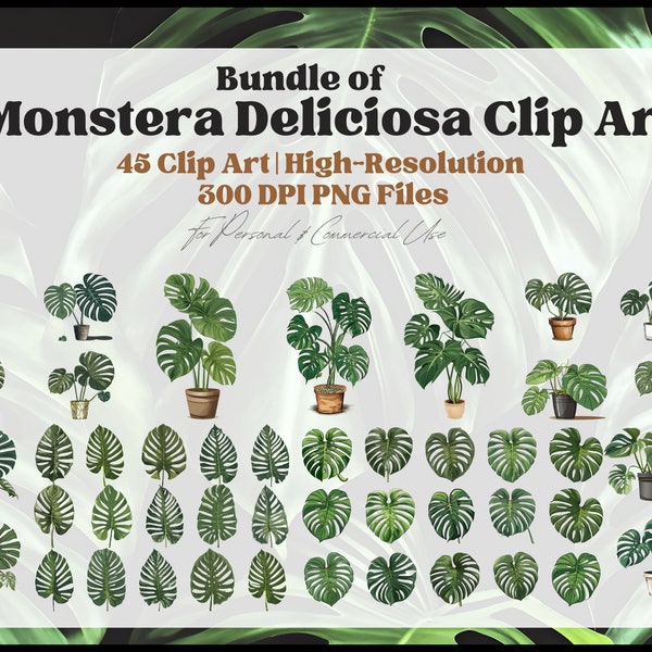 Bundle of 45 Monstera Deliciosa Clip Art