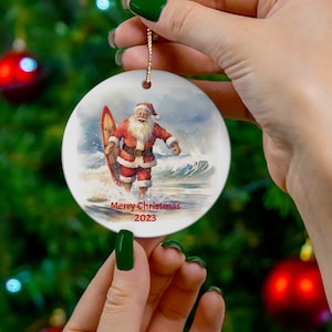 Santa Surfing Christmas Ornament Beach Holiday Decor Tropical Santa Claus Coastal Xmas Tree Decoration Smiling Santa on Surfboard