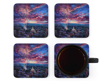 Home Accessory, Fireworks 1 Corkwood Coaster Set, Gift For, Mom, Dad, Husband, Wife, Son, Daughter, Boyfriend, Girlfriend, Grandmother