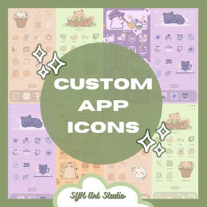 May include: A collection of phone screen mockups showcasing custom app icons. The designs feature cartoon animals such as bears, cats, and bunnies, alongside witch and ghost illustrations. The text "CUSTOM APP ICONS" is visible.