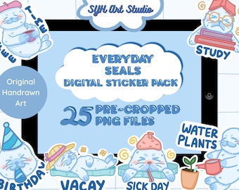 May include: A digital sticker pack featuring 25 pre-cropped PNG files of cute seals in various everyday scenarios. The pack includes seals drinking coffee, studying, celebrating birthdays, relaxing on vacation, and more. The text "Everyday Seals Digital Sticker Pack" and "25 Pre-Cropped PNG Files" is displayed on a blue background.