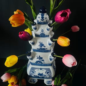 Hand-Painted Blue & White Porcelain Tulipiere Tulip Vase