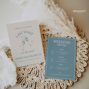 Last Toast on the Coast Bachelorette Invitation and Itinerary Template, Coastal Grandma, Beach Bachelorette Canva Template