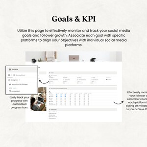 May include: A digital planner page titled "Goals & KPI" with text describing how to monitor social media goals and follower growth. The page includes progress bars and a section to track milestones.