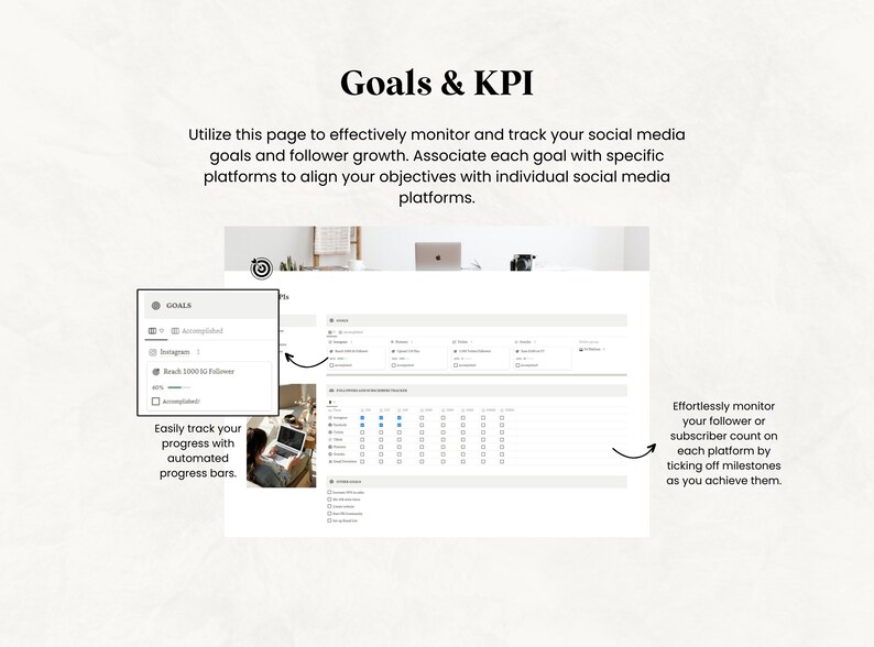 May include: A digital planner page titled "Goals & KPI" with text describing how to monitor social media goals and follower growth. The page includes progress bars and a section to track milestones.