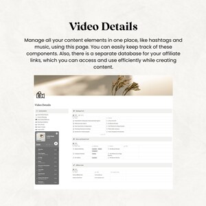 May include: A digital interface titled "Video Details" with text describing content management. The interface includes sections for hashtags, music, and affiliate links. The page has a light background with a decorative floral element.
