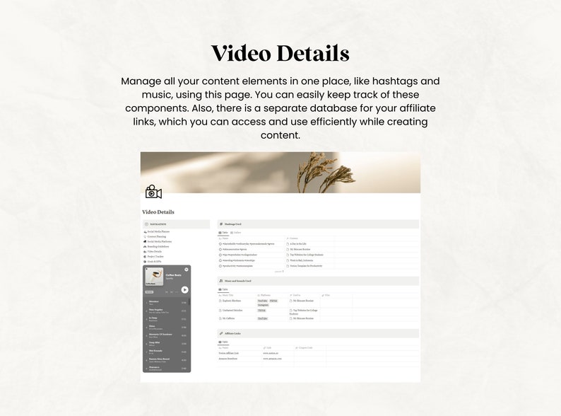 May include: A digital interface titled "Video Details" with text describing content management. The interface includes sections for hashtags, music, and affiliate links. The page has a light background with a decorative floral element.