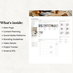 May include: A digital social media planner displayed on a computer screen. The planner includes sections for content planning, social media platforms, branding guidelines, video details, project tracking, and goals. The text "What's inside:" is visible.