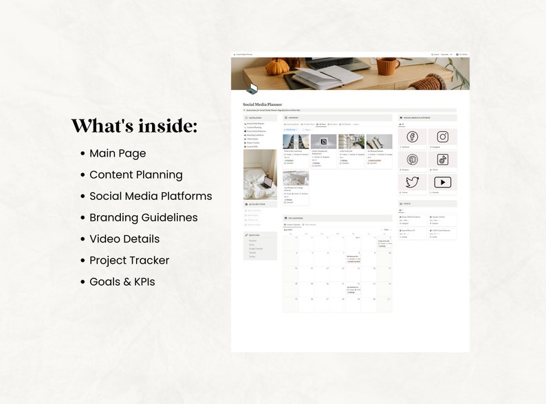 May include: A digital social media planner displayed on a computer screen. The planner includes sections for content planning, social media platforms, branding guidelines, video details, project tracking, and goals. The text "What's inside:" is visible.