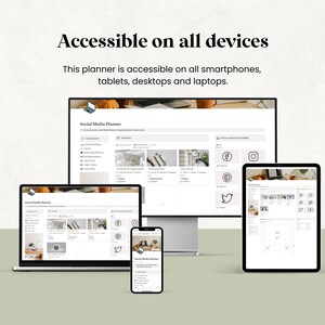 May include: A digital social media planner displayed on various devices: a desktop computer, laptop, tablet, and smartphone. The planner's interface is visible on each screen, showcasing its accessibility across multiple platforms.