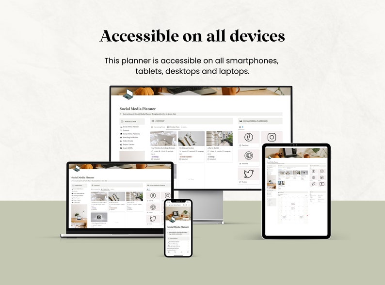 May include: A digital social media planner displayed on various devices: a desktop computer, laptop, tablet, and smartphone. The planner's interface is visible on each screen, showcasing its accessibility across multiple platforms.