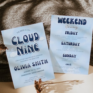 Bride on Cloud Nine Bachelorette Invitation & Itinerary Template, Bachelorette Weekend Invitation, Weekend Itinerary, Editable Canva
