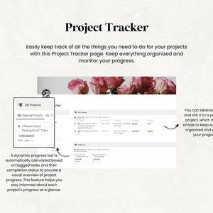 May include: A digital project tracker interface with the title "Project Tracker". The interface displays project progress, task management, and project organization features. The design includes a progress bar and the text "Ultimate Travel Packing Guide Video".