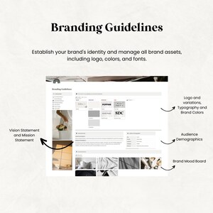 May include: A digital document titled "Branding Guidelines" with the text "Establish your brand's identity and manage all brand assets, including logo, colors, and fonts." The document includes sections on vision, logo, typography, audience demographics, and a brand mood board.