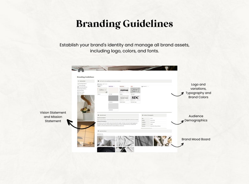 May include: A digital document titled "Branding Guidelines" with the text "Establish your brand's identity and manage all brand assets, including logo, colors, and fonts." The document includes sections on vision, logo, typography, audience demographics, and a brand mood board.