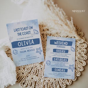 Last Toast on the Coast Bachelorette Invitation and Itinerary Template, Coastal Grandma, Beach Bachelorette Canva Template