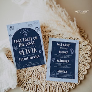 Coastal Bachelorette Invitation and Itinerary Template, Coastal Grandma, Beach Bachelorette, Last Toast on the Coast Canva Template