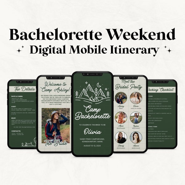 Digital Mobile Camp Bachelorette Weekend Itinerary Template, Wild in the Woods Bachelorette Weekend Planner, Camp Bachelorette Invite