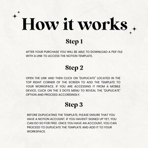 May include: A graphic with the title "How it works" and three numbered steps. The steps explain how to download and duplicate a Notion template after purchase, including instructions for mobile devices.