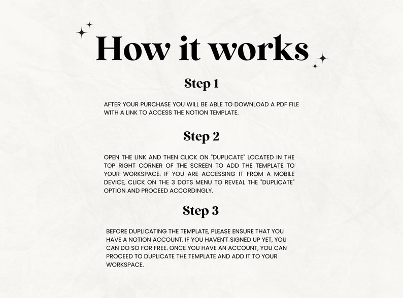May include: A graphic with the title "How it works" and three numbered steps. The steps explain how to download and duplicate a Notion template after purchase, including instructions for mobile devices.