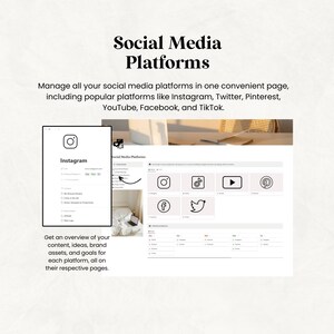 May include: A digital document titled "Social Media Platforms" with a clean, minimalist design. The page features social media icons for Instagram, TikTok, YouTube, and others. Text includes "Manage all your social media platforms" and "Get an overview of your content."