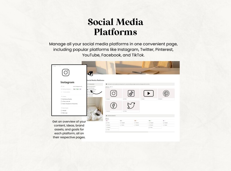 May include: A digital document titled "Social Media Platforms" with a clean, minimalist design. The page features social media icons for Instagram, TikTok, YouTube, and others. Text includes "Manage all your social media platforms" and "Get an overview of your content."