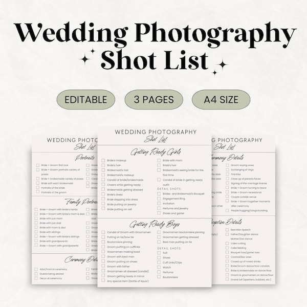Hochzeitsfotografie Aufnahmeliste, Hochzeitsfotograf Checkliste, druckbare bearbeitbare Hochzeitsfoto Checkliste, Canva Vorlage Sofortiger Download