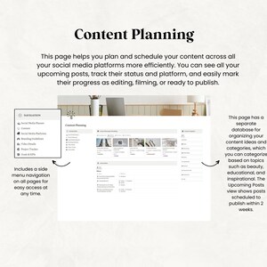 May include: A digital content planning interface with the title "Content Planning". The interface includes a side menu for easy navigation and a database for organizing content ideas. The text describes how to plan and schedule content across social media platforms.