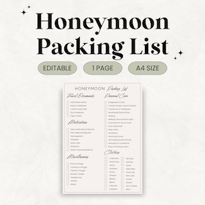 Honeymoon Packing List, Printable Honeymoon Checklist Printable, Newly Wed Vacation Packing List, Instant Download