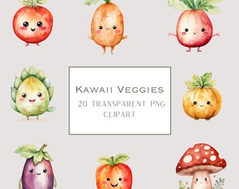 Watercolor Kawaii Vegetables Clipart, Kawaii Food Clipart Set, Cute Vegetables Clipart, Healthy Food, Carrots, Broccoli, Tomato