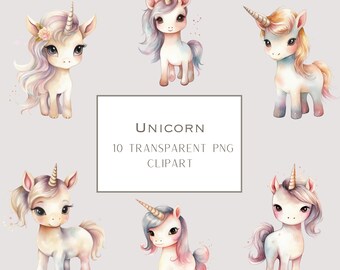 May include: Ten watercolour illustrations of cute unicorns with different coloured manes and tails. The unicorns are standing on a light grey background. The text "UNICORN 10 TRANSPARENT PNG CLIPART" is in the centre of the image.