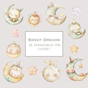 Baby kwekerij clipart bundel, schattige slapende maan ster clipart, zoete dromen clipart, kwekerij decor clipart, baby clipart set, kwekerij kunst PNG