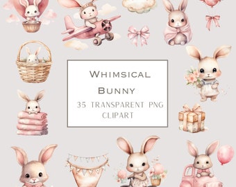 Watercolor Bunny Clipart: Pink Boho Baby Shower PNG (Digital Download)