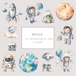 Watercolor Space Clipart PNG | Astronaut, Rocket, Alien, Planet | Outer Space Nursery Decor | Cute Galaxy Art for Kids