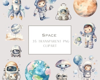 Clipart acquerello spaziale: astronauta, razzo, alieno PNG (download digitale)
